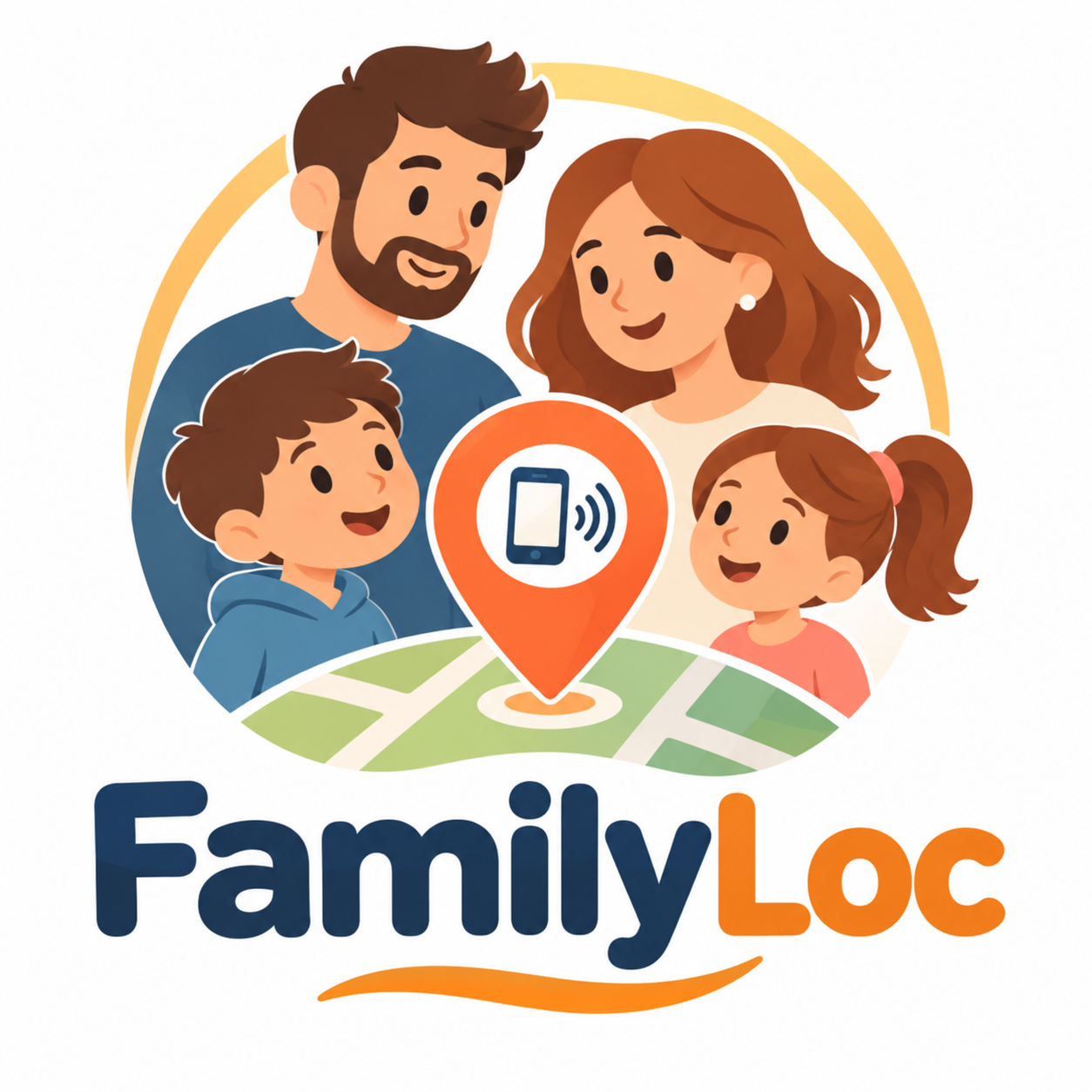 Illustration FamilyLoc : famille réunie dans un repère de localisation protecteur